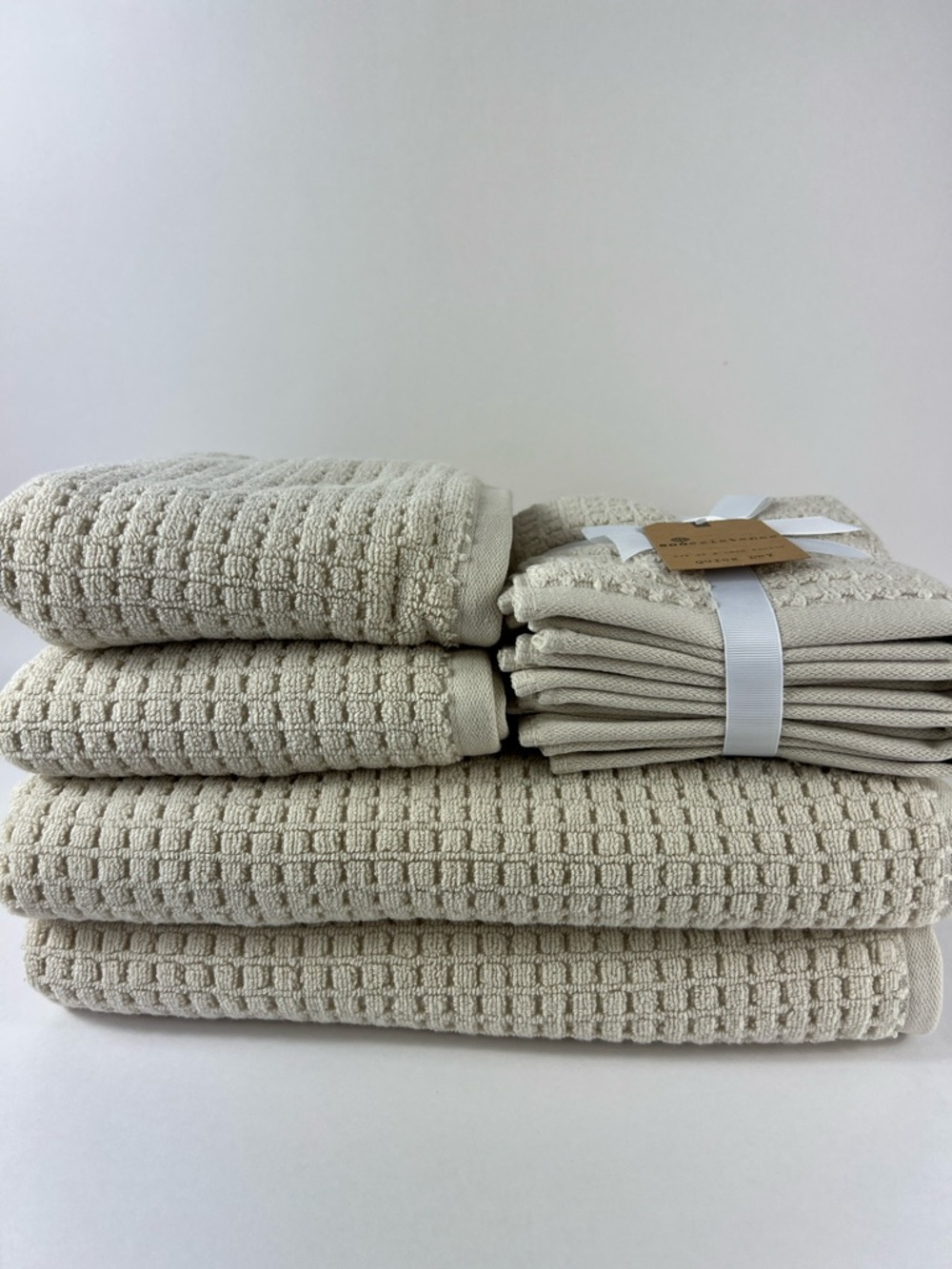 Ecoexistence Oversized Bath Towel Set Tan Waffle Cotton Quick Dry Set of 8 NEW